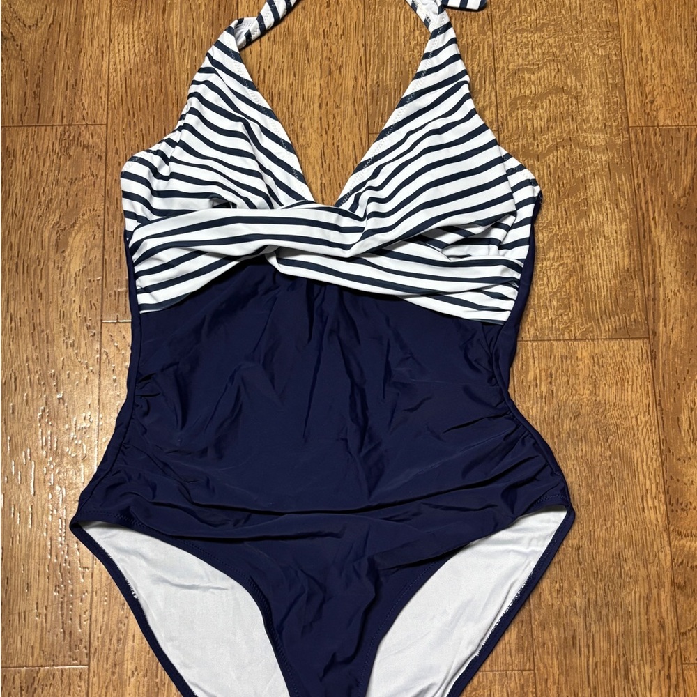 NWOT Navy and White Striped One Piece Swimsuit